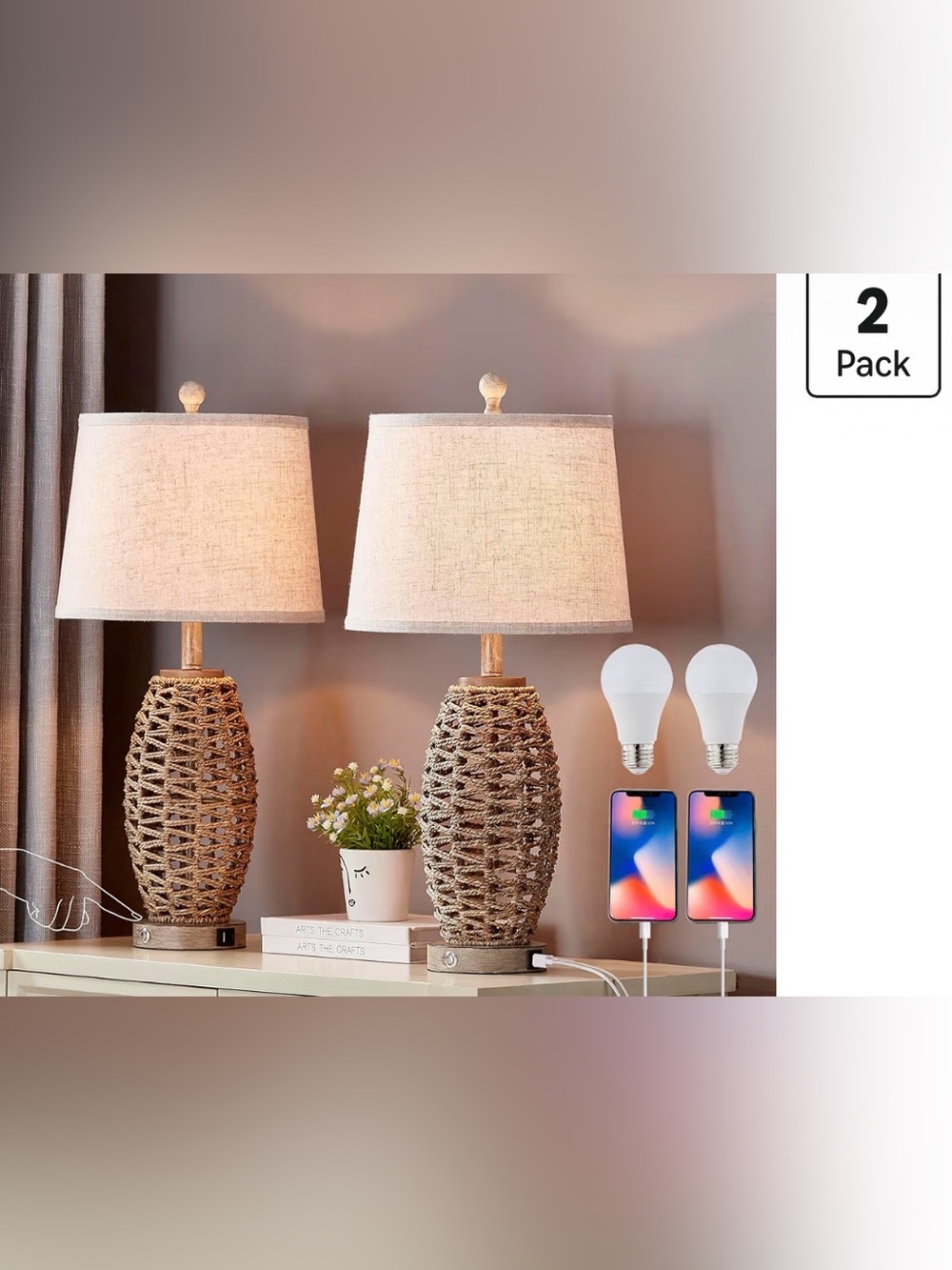 27”  Rattan Table Lamps Set of 2,Touch Switch,3-Way Dimm A+C USB Charging Ports